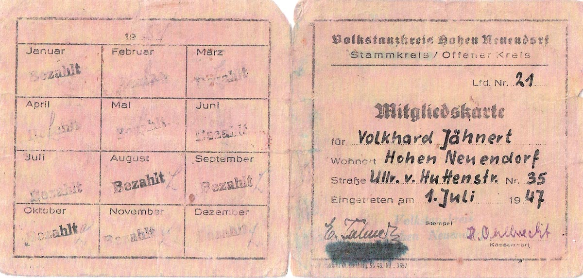 Mitgliedskarte von Volkhard Jähnert vom Volkstanzkreis Hohen Neuendorf