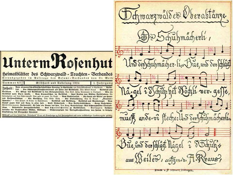 Ausschnitt aus der Trachtenzeitung „Unterm Rosenhut“ mit dem darin abgebildeten Zwiefachen „Dr Schuhmächerli“