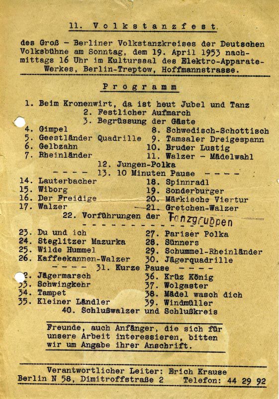 Das Programm des 11. Volkstanzfestes des Groß-Berliner Volkstanzkreises vom April 1953