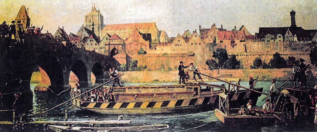 Das Gemälde von Michael Zeno Diemer (1867-1939) zeigt die Abfahrt der hölzernen Zillen, der „Ulmer Schachteln“. Es befindet sich in Privatbesitz. Unten sind die Holzboote auf einer Aufnahme aus dem Jahr 2009 zu sehen.