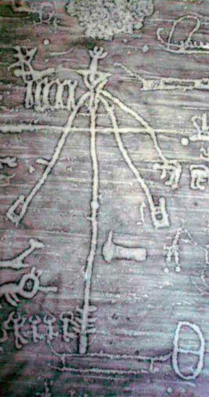 Felszeichnung von Lilla Gerum, Schweden, um 2.000 v. Ch. Manche Forscher glauben hier schon an eine Stange geknotete Bänder zu erkennen.