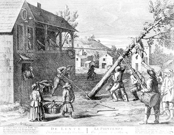 Aufstellen des Maibaums in Rotterdam um 1650.